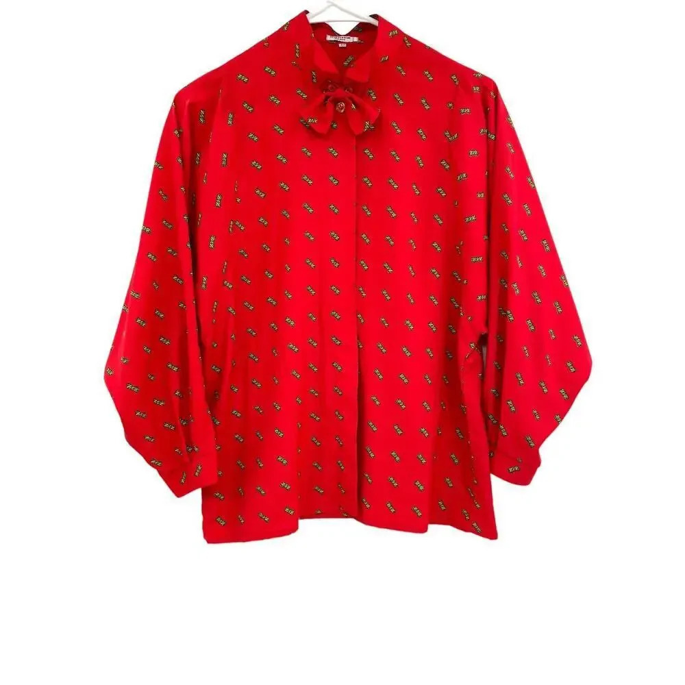 Vintage Rodier Paris Womens Blouse Bow Tie Red Batwing size 40 US 10